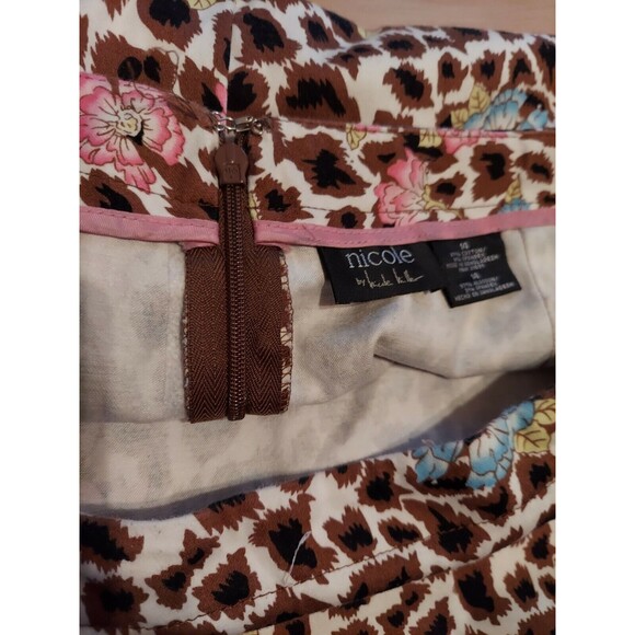 Nicole Miller Skirt 14 Mini Leopard Print Floral Pink Brown Blue Cotton - Picture 3 of 4